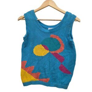 Vintage 1980's David Strauss Knit Sleeveless Top Turquoise Abstract Size Small